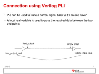 Connection using Verilog PLI
• PLI can be used to trace a normal signal back to it’s source driver
• A local real variable is used to pass the required data between the two
  end points




                    fred_output                     jimmy_input



 fred_output_real                                          jimmy_input_real




12/7/2010                                                                     9
 