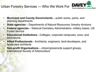 Urban Forestry Services — Who We Work For Municipal and County Governments  – public works, parks, and planning departments State agencies  – Departments of Natural Resources; forestry divisions Federal agencies  – National Cemetery Administration, military bases, US Forest Service Educational Institutions  - Colleges, corporate campuses, zoos, and arboretums Allied Professionals  - Architects, engineers, land developers, and landscape architects Non-profit Organizations  – citizen/grassroots support groups, International Society of Arboriculture 