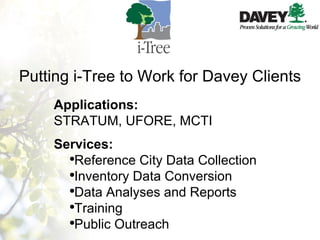Putting i-Tree to Work for Davey Clients Applications:   STRATUM, UFORE, MCTI  Services: Reference City Data Collection Inventory Data Conversion Data Analyses and Reports Training Public Outreach 