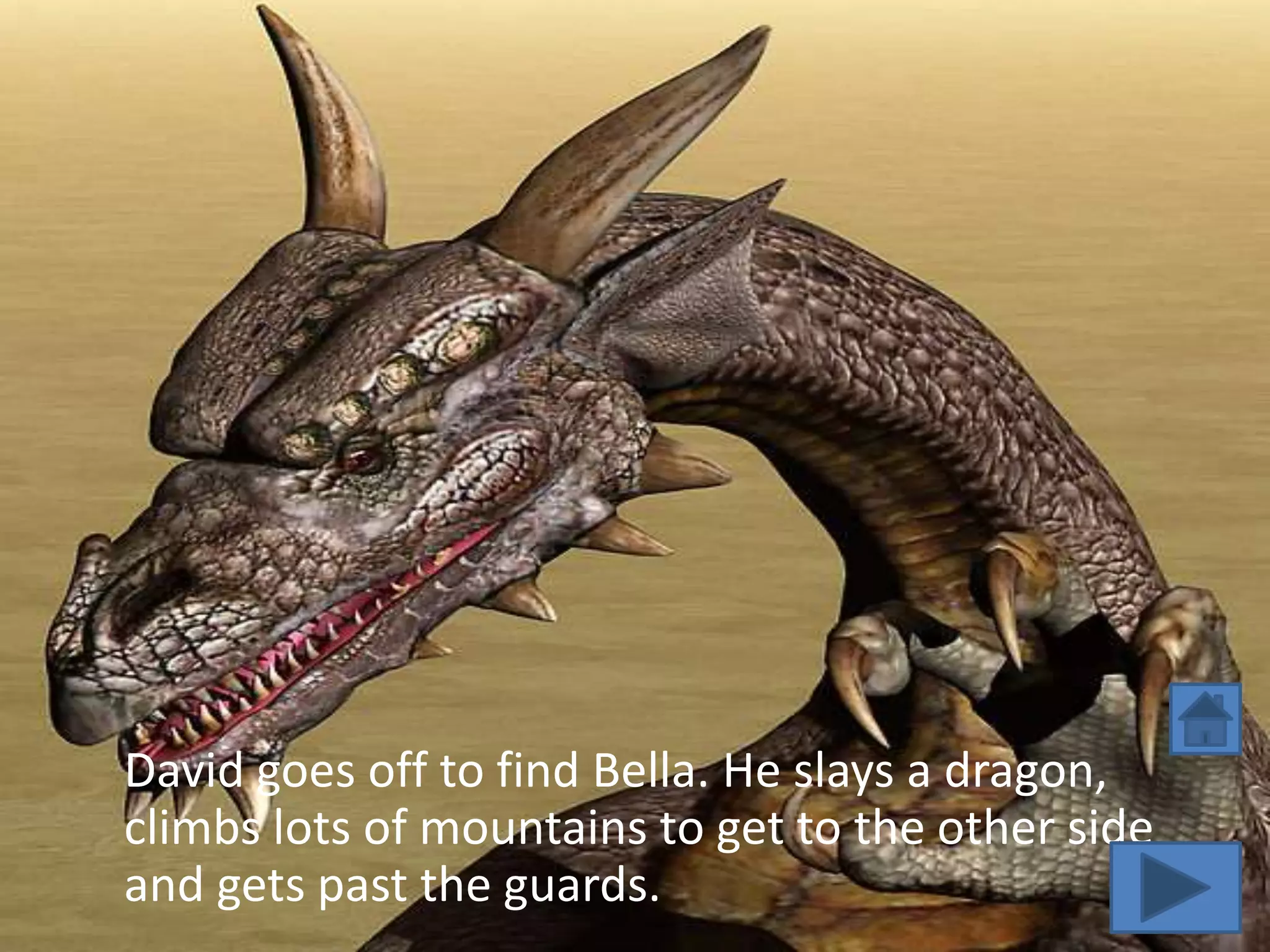 David goes off to find Bella. He slays a dragon,
climbs lots of mountains to get to the other side
and gets past the guards.
 