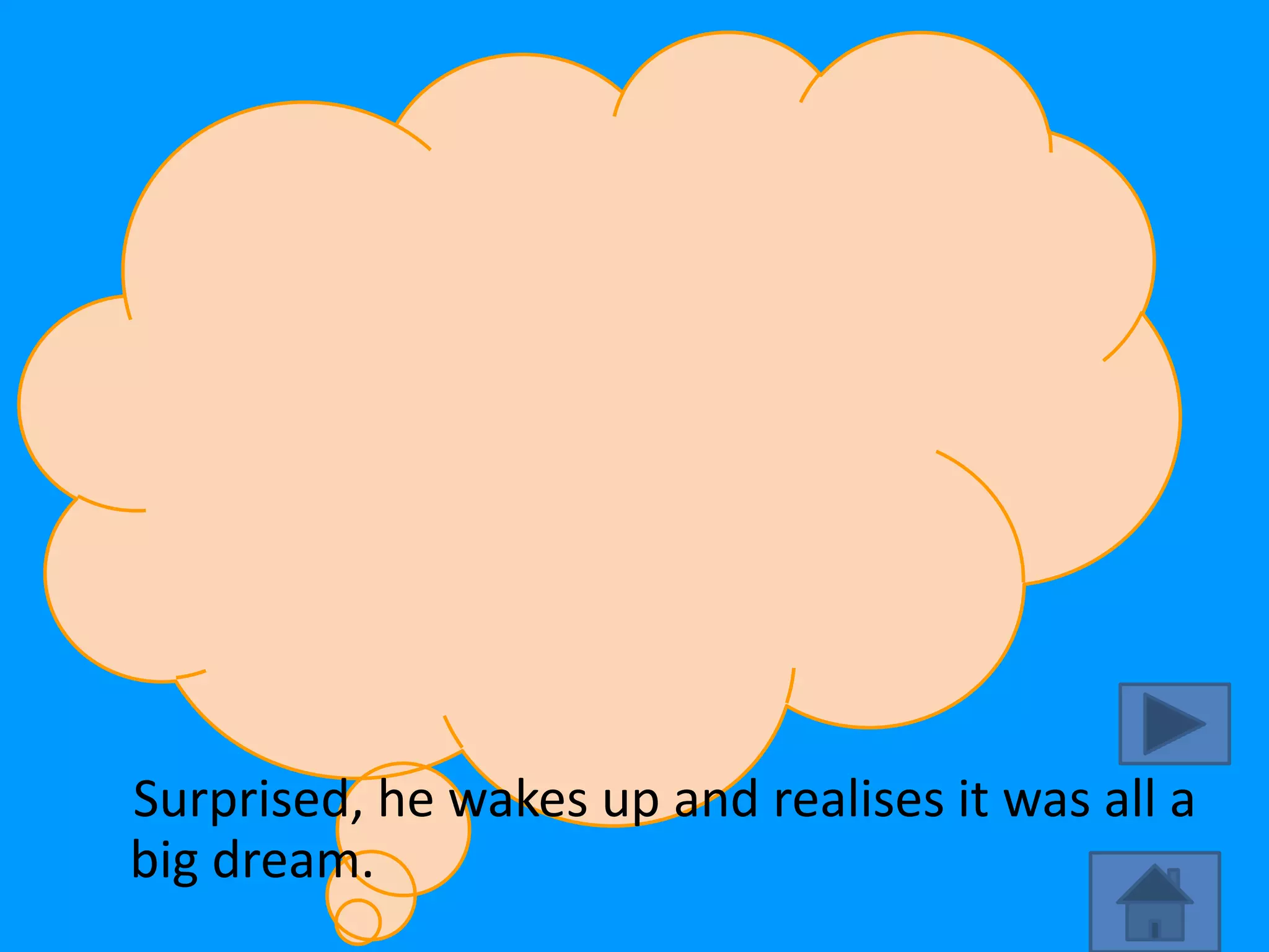 Surprised, he wakes up and realises it was all a
big dream.
 