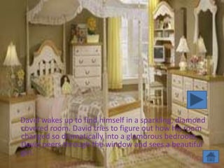 David wakes up to find himself in a sparkling, diamond
covered room. David tries to figure out how his room
changed so dramatically into a glamorous bedroom.
David peers through the window and sees a beautiful
girl.
 