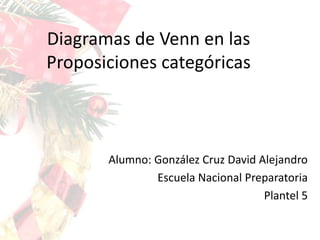 Diagramas de Venn en las
Proposiciones categóricas



       Alumno: González Cruz David Alejandro
               Escuela Nacional Preparatoria
                                    Plantel 5
 