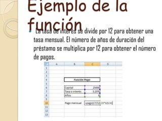Ejemplo de la
función La tasa de interés se divide por 12 para obtener una
tasa mensual. El número de años de duración del
préstamo se multiplica por 12 para obtener el número
de pagos.
 