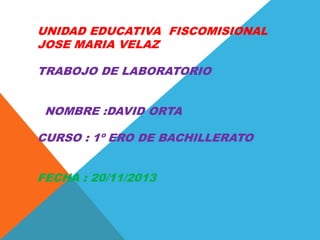 UNIDAD EDUCATIVA FISCOMISIONAL
JOSE MARIA VELAZ
TRABOJO DE LABORATORIO
NOMBRE :DAVID ORTA
CURSO : 1º ERO DE BACHILLERATO
FECHA : 20/11/2013

 