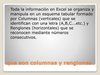 que son columnas y renglones
 Toda la información en Excel se organiza y
manipula en un esquema tabular formado
por Columnas (verticales) que se
identifican con una letra (A,B,C...etc.) y
Renglones (horizontales) que se
reconocen mediante números
consecutivos.
 