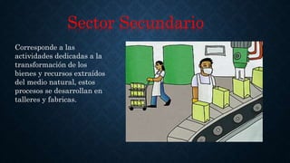 Sector Secundario
Corresponde a las
actividades dedicadas a la
transformación de los
bienes y recursos extraídos
del medio natural, estos
procesos se desarrollan en
talleres y fabricas.
 