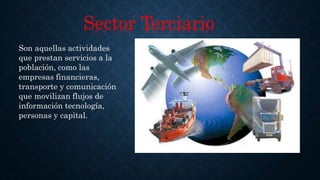 Sector Terciario
Son aquellas actividades
que prestan servicios a la
población, como las
empresas financieras,
transporte y comunicación
que movilizan flujos de
información tecnología,
personas y capital.
 