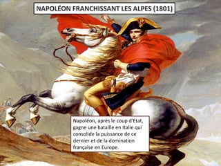 Napoléon, après le coup d'Etat,
gagne une bataille en Italie qui
consolide la puissance de ce
dernier et de la domination
française en Europe.
 