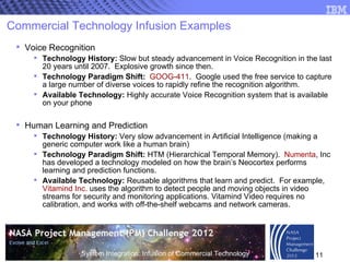 Commercial Technology Infusion Examples Voice Recognition Technology History:  Slow but steady advancement in Voice Recognition in the last 20 years until 2007.  Explosive growth since then.  Technology Paradigm Shift:   GOOG-411 .  Google used the free service to capture a large number of diverse voices to rapidly refine the recognition algorithm.  Available Technology:  Highly accurate Voice Recognition system that is available on your phone Human Learning and Prediction Technology History:  Very slow advancement in Artificial Intelligence (making a generic computer work like a human brain) Technology Paradigm Shift:  HTM (Hierarchical Temporal Memory).  Numenta , Inc has developed a technology modeled on how the brain’s Neocortex performs learning and prediction functions.  Available Technology:  Reusable algorithms that learn and predict.  For example,  Vitamind  Inc.  uses the algorithm to detect people and moving objects in video streams for security and monitoring applications. Vitamind Video requires no calibration, and works with off-the-shelf webcams and network cameras. 