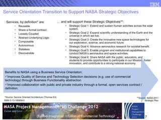 Service Orientation Transition to Support NASA Strategic Objectives  Services, by definition* are: Reusable Share a formal contract Loosely Coupled Abstract Underlying Logic Composable Autonomous Stateless Discoverable …  and will support these Strategic Objectives**: Strategic Goal 1: Extend and sustain human activities across the solar system. Strategic Goal 2: Expand scientific understanding of the Earth and the universe in which we live. Strategic Goal 3: Create the innovative new space technologies for our exploration, science, and economic future. Strategic Goal 4: Advance aeronautics research for societal benefit. Strategic Goal 5: Enable program and institutional capabilities to conduct NASA’s aeronautics and space activities. Strategic Goal 6: Share NASA with the public, educators, and students to provide opportunities to participate in our Mission,  foster innovation, and contribute to a strong national economy. **Source: NASA 2011 Strategic Plan *Source: Service Oriented Architecture (Thomas Erl) ISBN 0-13-185858-0 Benefits to NASA using a Business Service Orientation: Improves Quality of Service and Technology Selection decisions (e.g. use of commercial technology) through Business Functionality abstraction Improved collaboration with public and private industry through a formal, open services contract / definition. 