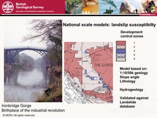 National scale models: landslip susceptibilty  Ironbridge Gorge Birthplace of the industrial revolution  Development control zones Model based on: 1:10/50k geology Slope angle Lithology Hydrogeology Validated against Landslide database 1 2 3 4 5 