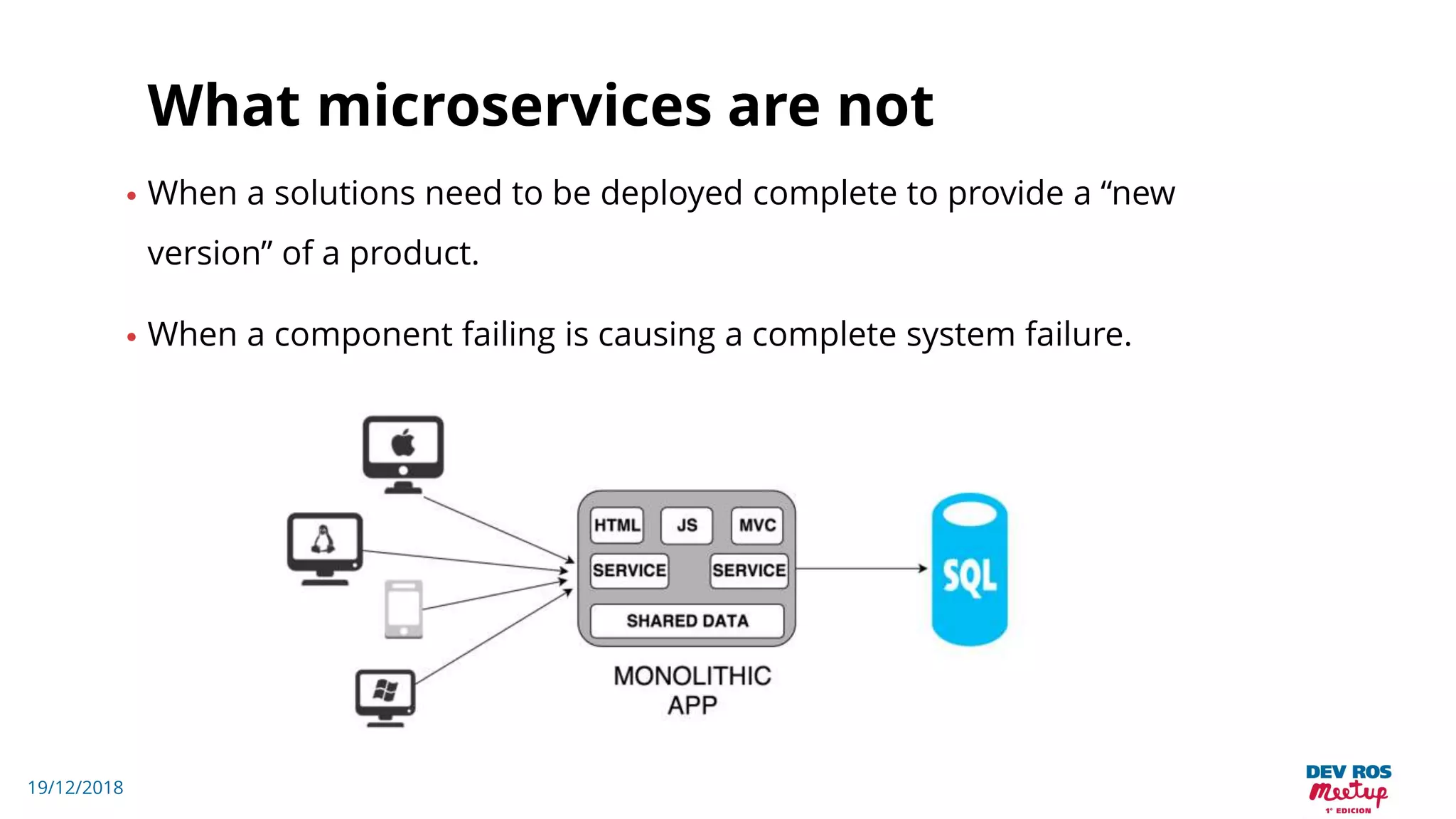 19/12/2018
What microservices are not
• When a solutions need to be deployed complete to provide a “new
version” of a product.
• When a component failing is causing a complete system failure.
 