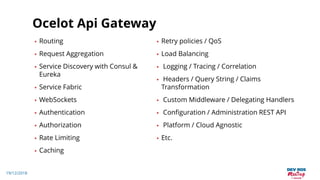 19/12/2018
Ocelot Api Gateway
• Routing
• Request Aggregation
• Service Discovery with Consul &
Eureka
• Service Fabric
• WebSockets
• Authentication
• Authorization
• Rate Limiting
• Caching
• Retry policies / QoS
• Load Balancing
• Logging / Tracing / Correlation
• Headers / Query String / Claims
Transformation
• Custom Middleware / Delegating Handlers
• Configuration / Administration REST API
• Platform / Cloud Agnostic
• Etc.
 