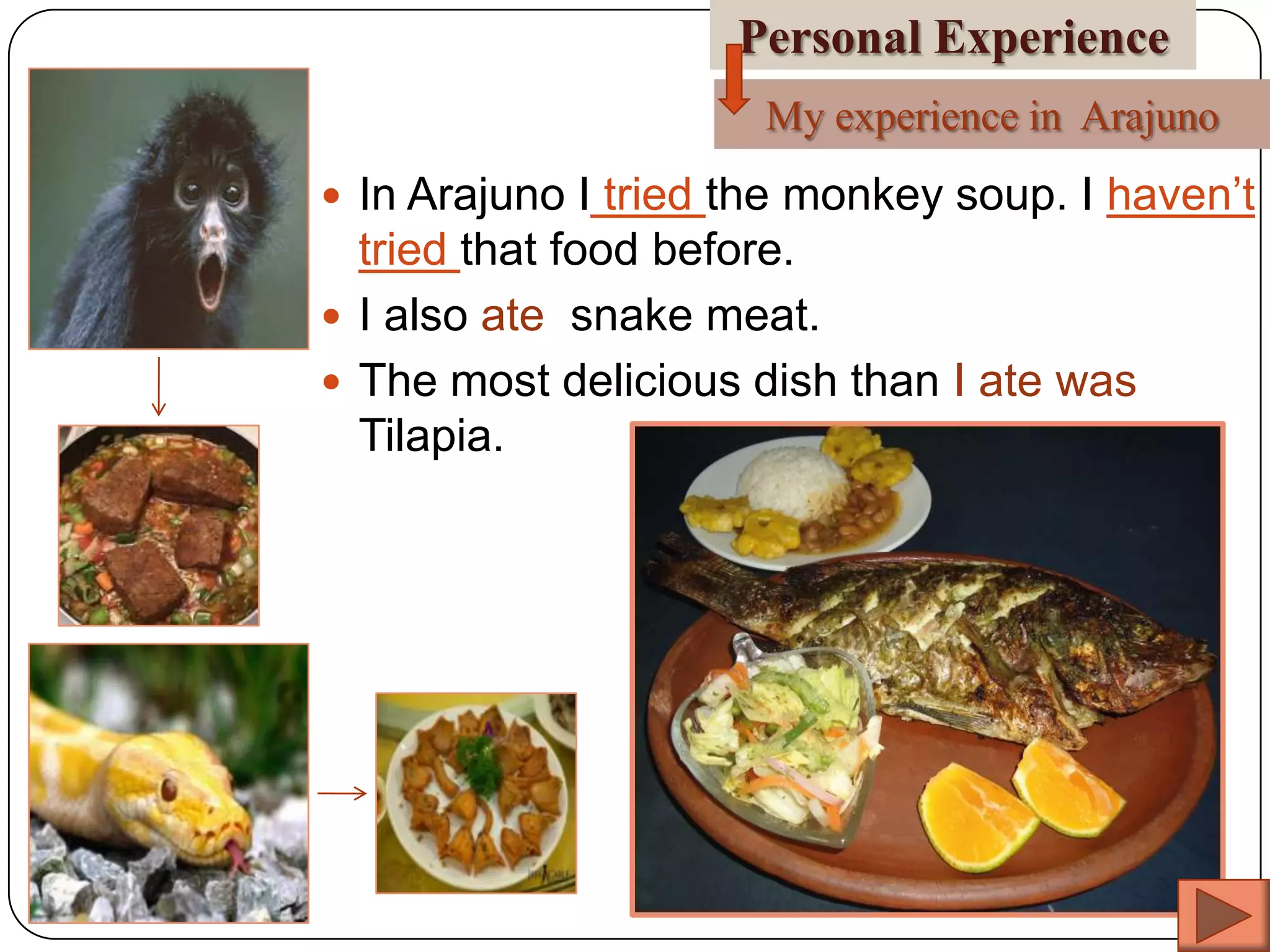 Personal Experience
My experience in Arajuno
 In Arajuno I tried the monkey soup. I haven’t

tried that food before.
 I also ate snake meat.
 The most delicious dish than I ate was
Tilapia.

 