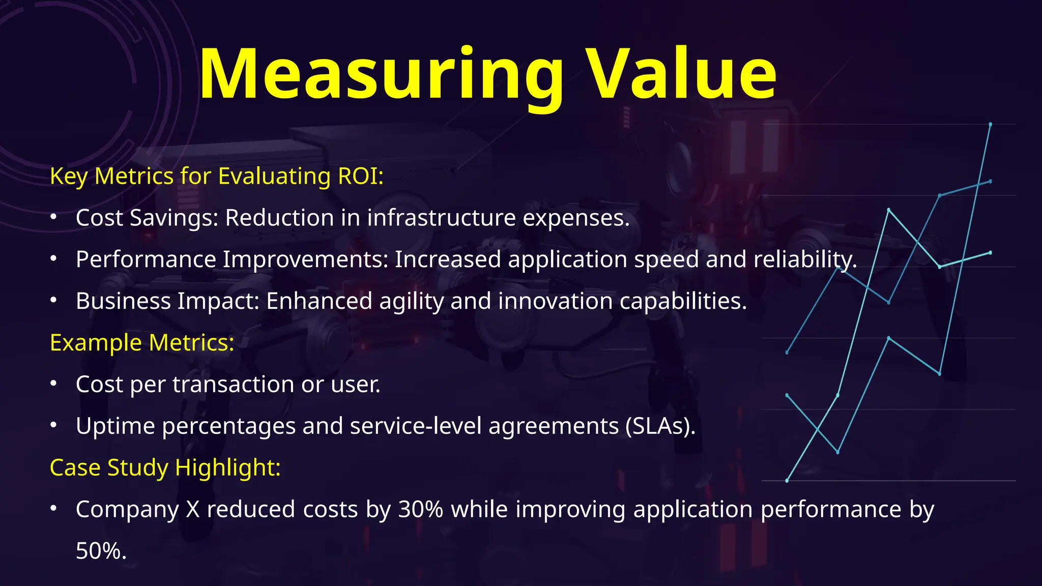 Measuring Value
Key Metrics for Evaluating ROI:
• Cost Savings: Reduction in infrastructure expenses.
• Performance Improvements: Increased application speed and reliability.
• Business Impact: Enhanced agility and innovation capabilities.
Example Metrics:
• Cost per transaction or user.
• Uptime percentages and service-level agreements (SLAs).
Case Study Highlight:
• Company X reduced costs by 30% while improving application performance by
50%.
 