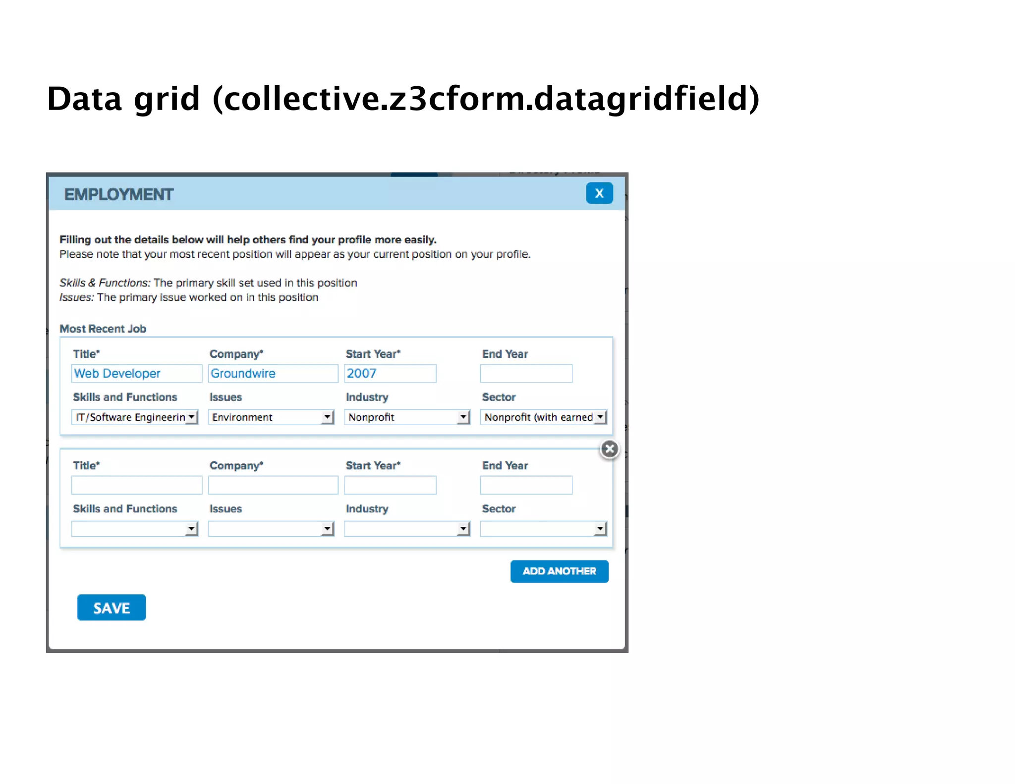 Data grid (collective.z3cform.datagridfield)
 