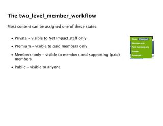 The two_level_member_workflow
Most content can be assigned one of these states:


  • Private - visible to Net Impact staff only

  • Premium - visible to paid members only

  • Members-only - visible to members and supporting (paid)
    members

  • Public - visible to anyone
 