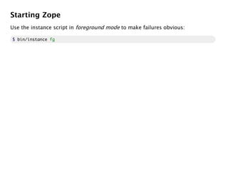 Starting Zope
Use the instance script in foreground mode to make failures obvious:

$ bin/instance fg
 