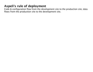 Aspeli's rule of deployment
Code & configuration flow from the development site to the production site; data
flows from the production site to the development site.
 
