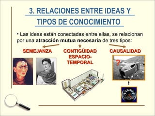 3. RELACIONES ENTRE IDEAS Y TIPOS DE CONOCIMIENTO   Las ideas están conectadas entre ellas, se relacionan por una  atracción mutua necesaria  de tres tipos: SEMEJANZA CONTIGÜIDAD ESPACIO-TEMPORAL CAUSALIDAD ? 