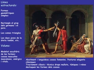 Línies estructurals: Formes geomètriques simples: Rectangle el grup dels germans i el pare. Les cames triangles Les dues joves de la dreta també, etc. Volums: Modelat escultòric de les formes: cossos masculins musculosos, enèrgics i vitals. Abatiment i languidesa cossos femenins. Postures elegants clàssiques Tractament clàssic: tècnica draps mullats, túniques i robes  destaquen les formes dels cossos. 