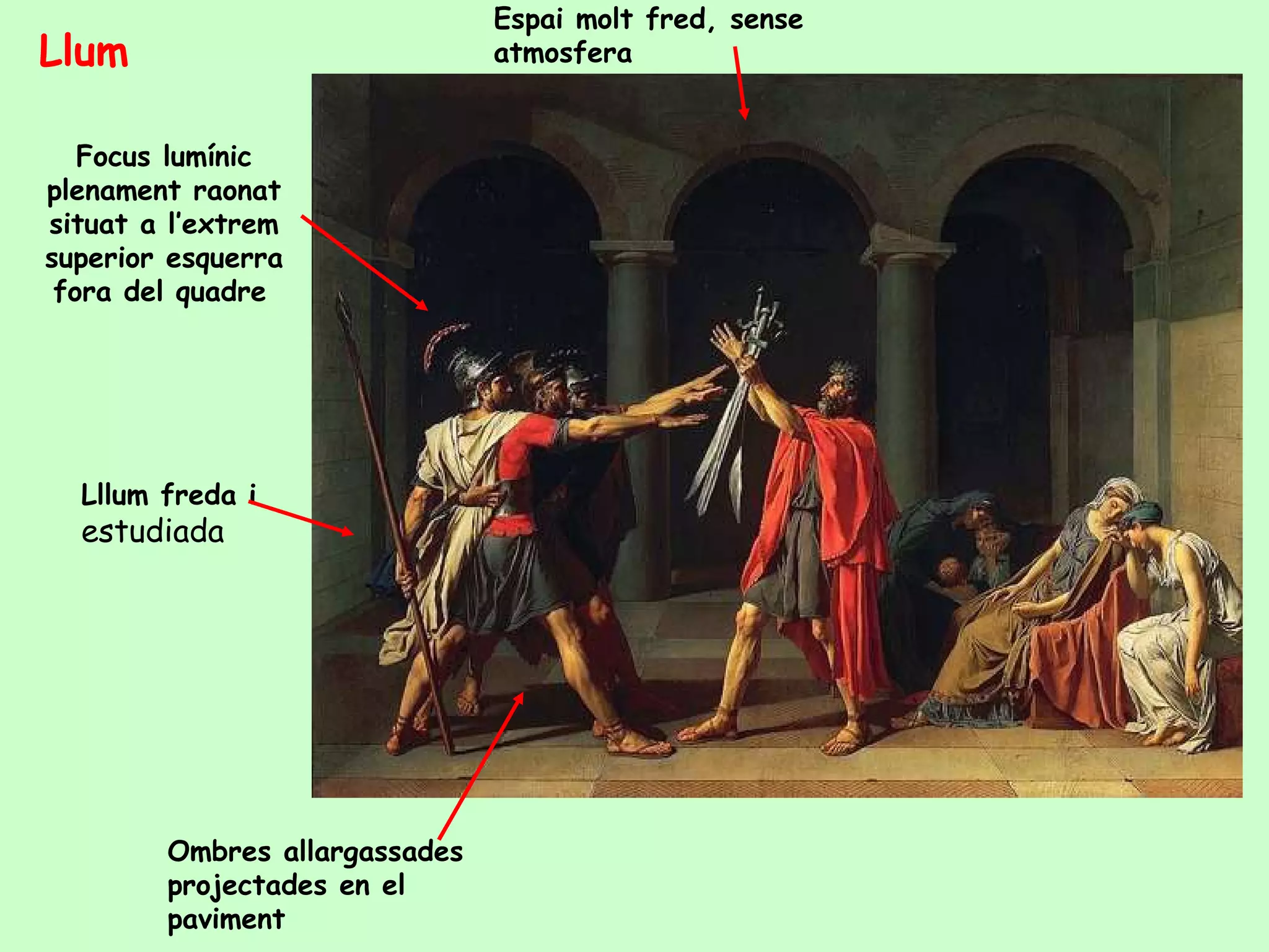 Espai molt fred, sense
Llum                           atmosfera


   Focus lumínic
plenament raonat
situat a l’extrem
superior esquerra
 fora del quadre




  Lllum freda i
  estudiada




        Ombres allargassades
        projectades en el
        paviment
 