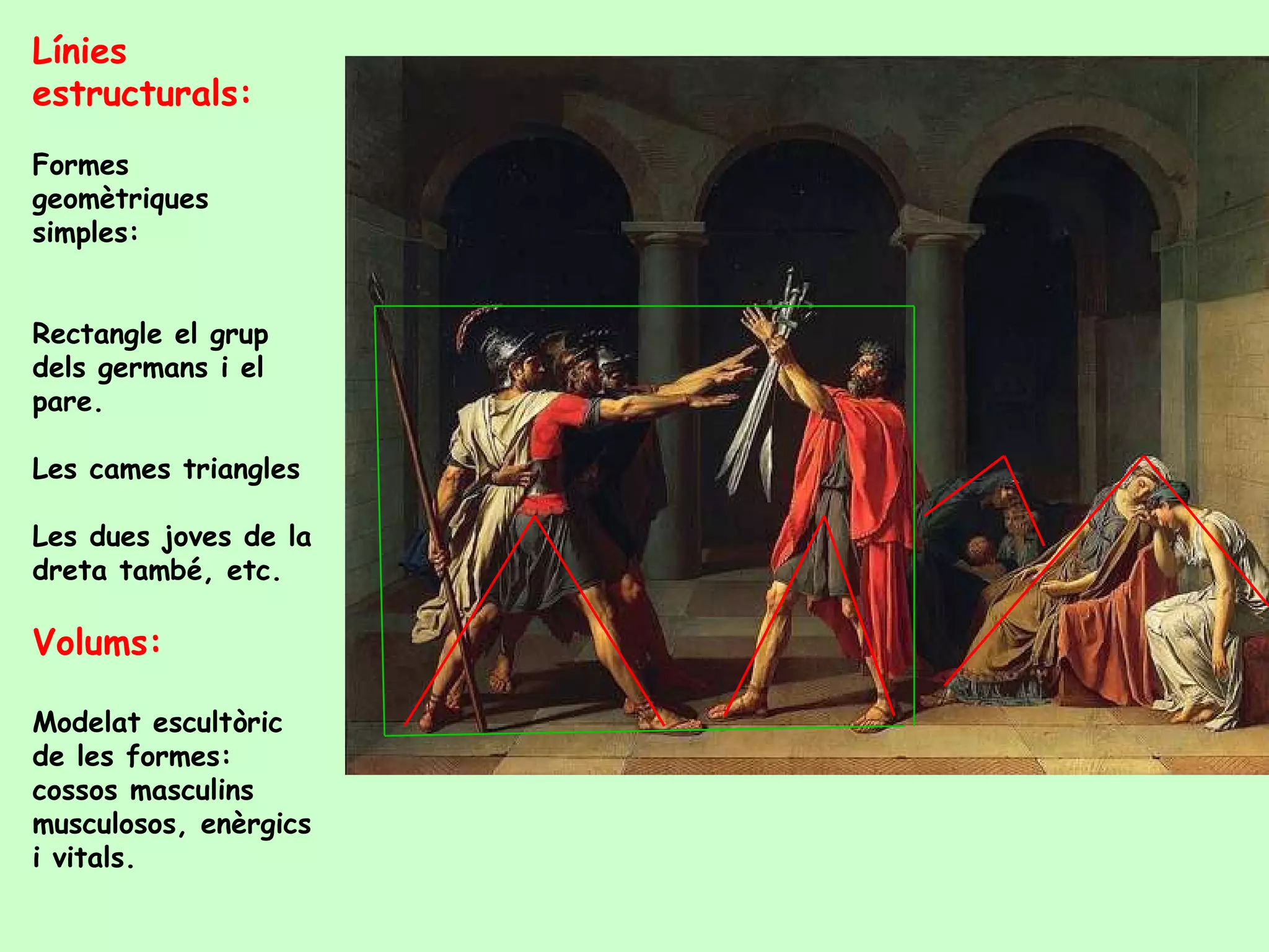 Línies
estructurals:
Formes
geomètriques
simples:


Rectangle el grup
dels germans i el
pare.

Les cames triangles

Les dues joves de la
dreta també, etc.

Volums:

Modelat escultòric
de les formes:
cossos masculins
musculosos, enèrgics
i vitals.
 