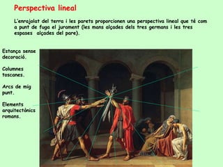 Perspectiva lineal
     L’enrajolat del terra i les parets proporcionen una perspectiva lineal que té com
     a punt de fuga el jurament (les mans alçades dels tres germans i les tres
     espases alçades del pare).


Estança sense
decoració.

Columnes
toscanes.

Arcs de mig
punt.

Elements
arquitectònics
romans.
 