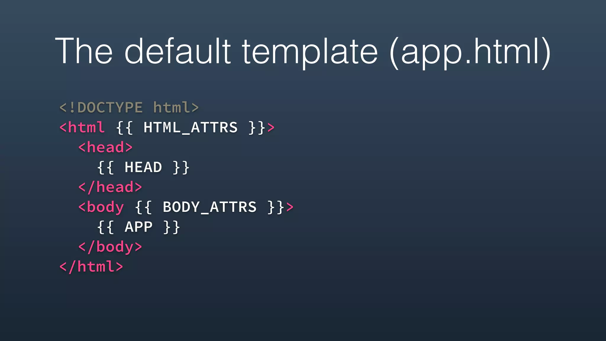 The default template (app.html)
<!DOCTYPE html>
<html {{ HTML_ATTRS }}>
<head>
{{ HEAD }}
</head>
<body {{ BODY_ATTRS }}>
{{ APP }}
</body>
</html>
 