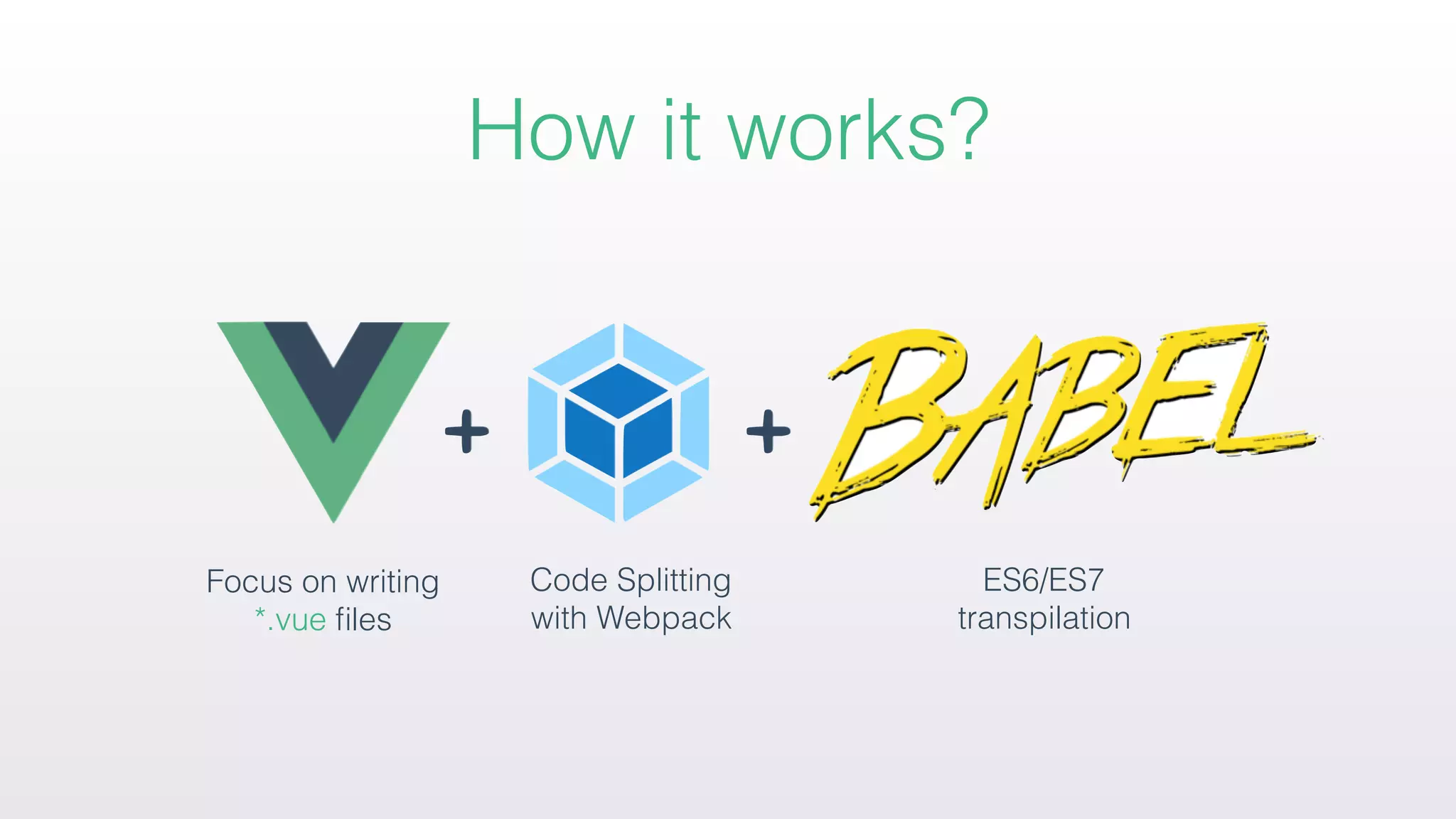 How it works?
Focus on writing
*.vue ﬁles
Code Splitting
with Webpack
ES6/ES7
transpilation
 