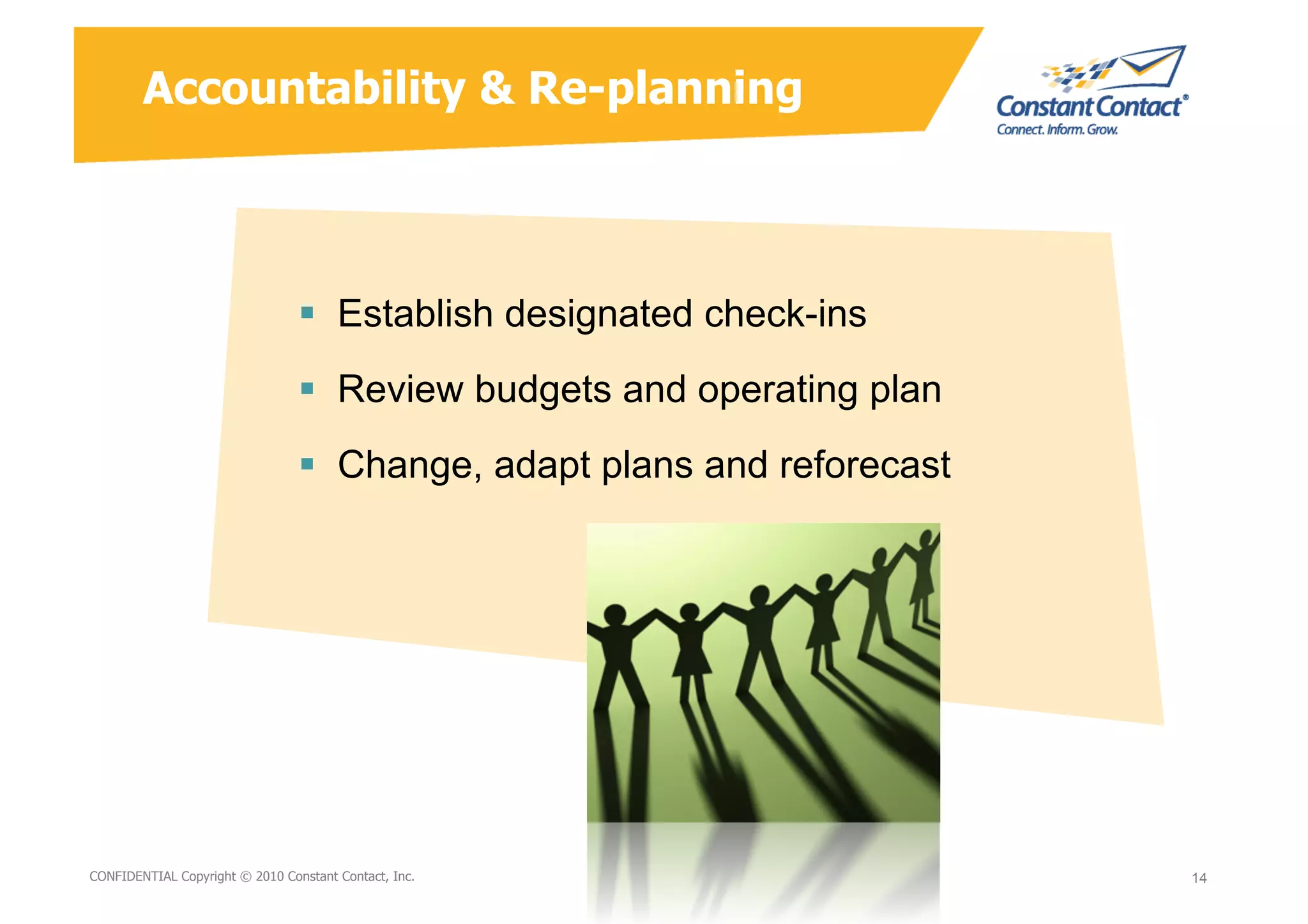 Accountability & Re-planning



                                   Establish designated check-ins
                                   Review budgets and operating plan
                                   Change, adapt plans and reforecast




9/10/10
CONFIDENTIAL Copyright © 2010 Constant Contact, Inc.
                                                       David Mann – Constant   14
                                                                               14
                                                       Contact
 
