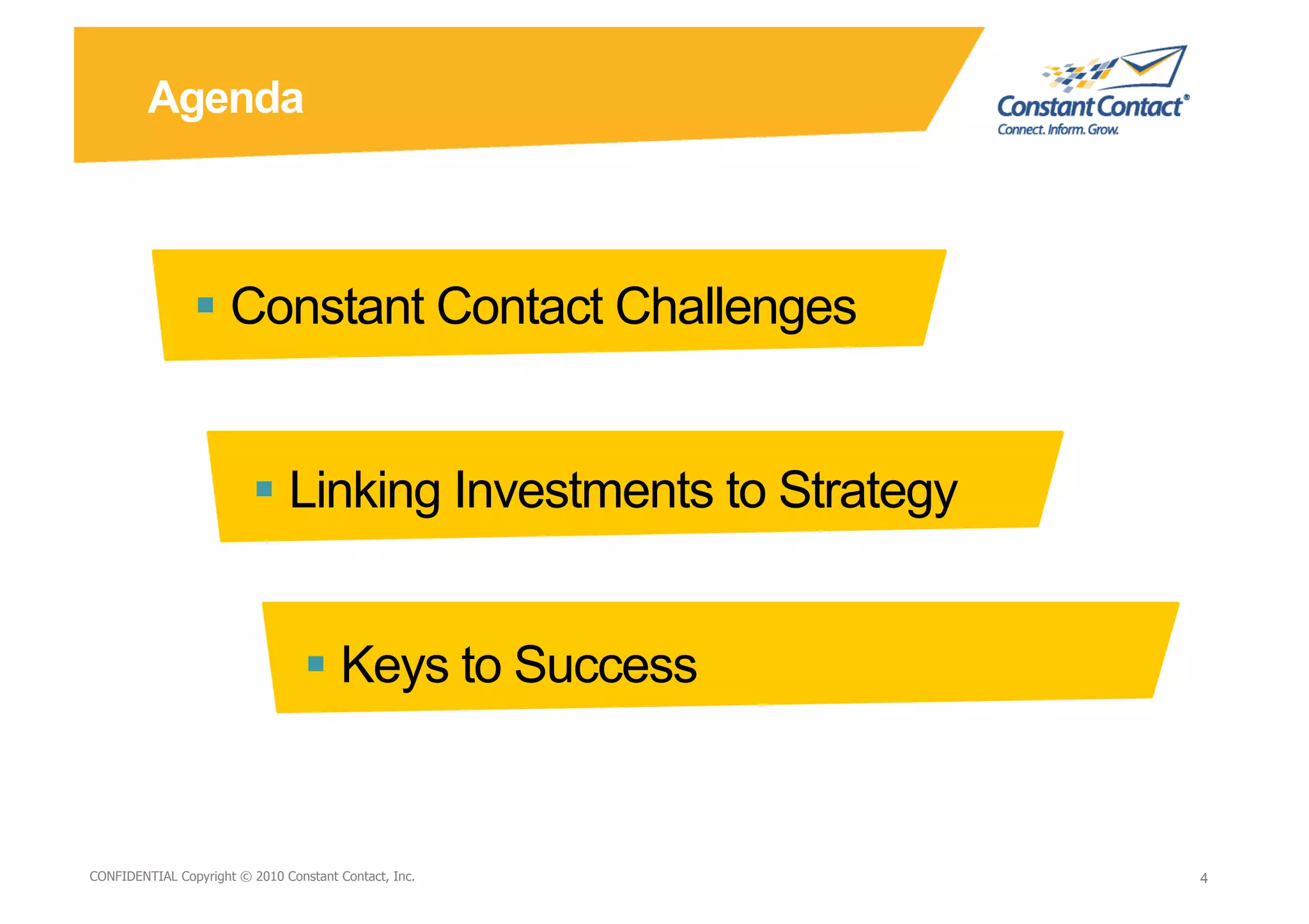 Agenda



                  Constant Contact Challenges


                            Linking Investments to Strategy


                                    Keys to Success


9/10/10
CONFIDENTIAL Copyright © 2010 Constant Contact, Inc.
                                                       David Mann – Constant   4
                                                                               4
                                                       Contact
 