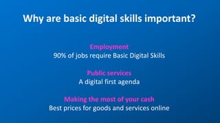 Why are basic digital skills important?
Employment
90% of jobs require Basic Digital Skills
Public services
A digital first agenda
Making the most of your cash
Best prices for goods and services online
 