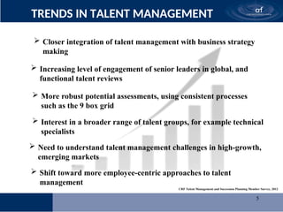 5
TRENDS IN TALENT MANAGEMENT
 More robust potential assessments, using consistent processes
such as the 9 box grid
 Increasing level of engagement of senior leaders in global, and
functional talent reviews
 Interest in a broader range of talent groups, for example technical
specialists
 Need to understand talent management challenges in high-growth,
emerging markets
 Shift toward more employee-centric approaches to talent
management
 Closer integration of talent management with business strategy
making
CRF Talent Management and Succession Planning Member Survey, 2012
 