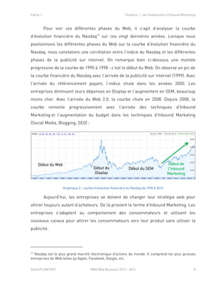 Partie 1 Chapitre 1 : les fondements d’Inbound Marketing
David PLANCHOT MBA Web Business 2013 - 2014 8
Pour voir ces différentes phases du Web, il s’agit d’analyser la courbe
d’évolution financière du Nasdaq13
sur ces vingt dernières années. Lorsque nous
positionnons les différentes phases du Web sur la courbe d’évolution financière du
Nasdaq, nous constatons une corrélation entre l’indice du Nasdaq et les différentes
phases de la publicité sur internet. On remarque bien ci-dessous une montée
progressive de la courbe de 1990 à 1998 : c’est le début du Web. On observe un pic de
la courbe financière du Nasdaq avec l’arrivée de la publicité sur internet (1999). Avec
l’arrivée du référencement payant, l’indice chute dans les années 2000. Les
entreprises diminuent leurs dépenses en Display et l’augmentent en SEM, beaucoup
moins cher. Avec l’arrivée du Web 2.0, la courbe chute en 2008. Depuis 2008, la
courbe remonte progressivement avec l’arrivée des techniques d’Inbound
Marketing et l’augmentation du budget dans les techniques d’Inbound Marketing
(Social Media, Blogging, SEO) :
Graphique 2 : courbe d’évolution financière du Nasdaq de 1990 à 2014
Aujourd’hui, les entreprises se doivent de changer leur stratégie web pour
attirer toujours autant d’acheteurs. De là provient le terme d’Inbound Marketing. Les
entreprises s’adaptent au comportement des consommateurs et utilisent les
nouveaux canaux pour attirer les consommateurs vers leur produit sans utiliser la
publicité.
13
Nasdaq est le plus grand marché électronique d'actions du monde. Il comprend les plus grosses
entreprises du Web telles qu’Apple, Facebook, Google, etc.
Début du Web
Début du
Display
Début du SEM
Début de
l’Inbound
Marketing
 