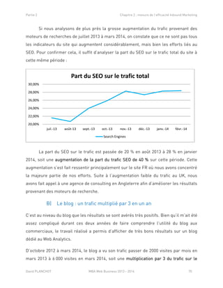 Partie 2 Chapitre 2 : mesure de l’efficacité Inbound Marketing
David PLANCHOT MBA Web Business 2013 - 2014 70
Si nous analysons de plus près la grosse augmentation du trafic provenant des
moteurs de recherches de juillet 2013 à mars 2014, on constate que ce ne sont pas tous
les indicateurs du site qui augmentent considérablement, mais bien les efforts liés au
SEO. Pour confirmer cela, il suffit d’analyser la part du SEO sur le trafic total du site à
cette même période :
La part du SEO sur le trafic est passée de 20 % en août 2013 à 28 % en janvier
2014, soit une augmentation de la part du trafic SEO de 40 % sur cette période. Cette
augmentation s’est fait ressentir principalement sur le site FR où nous avons concentré
la majeure partie de nos efforts. Suite à l’augmentation faible du trafic au UK, nous
avons fait appel à une agence de consulting en Angleterre afin d’améliorer les résultats
provenant des moteurs de recherche.
B) Le blog : un trafic multiplié par 3 en un an
C’est au niveau du blog que les résultats se sont avérés très positifs. Bien qu’il m’ait été
assez compliqué durant ces deux années de faire comprendre l’utilité du blog aux
commerciaux, le travail réalisé a permis d’afficher de très bons résultats sur un blog
dédié au Web Analytics.
D’octobre 2012 à mars 2014, le blog a vu son trafic passer de 2000 visites par mois en
mars 2013 à 6 000 visites en mars 2014, soit une multiplication par 3 du trafic sur le
20,00%
22,00%
24,00%
26,00%
28,00%
30,00%
juil.-13 août-13 sept.-13 oct.-13 nov.-13 déc.-13 janv.-14 févr.-14
Part du SEO sur le trafic total
Search Engines
 