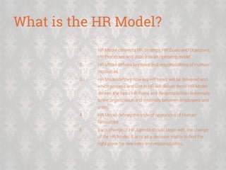 What is the HR Model?
1. 

HR Model connects HR Strategy, HR Goals and Objectives,
HR Processes and Jobs into an operating model.

2. 

HR Model deﬁnes key roles and responsibilities of Human
Resources.

3. 

HR Model deﬁnes how key HR tasks will be delivered and
which process and unit in HR will deliver them. HR Model
deﬁnes the basic HR Roles and Responsibilities (externally
to the organization and internally between employees and
units).

4. 

HR Model deﬁnes the style of operations of Human
Resources.

5. 

Each change of HR Agenda should begin with the change
of the HR Model. It acts as a decision matrix to ﬁnd the
right place for new roles and responsibilities.

 