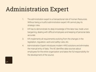 Administration Expert
1. 

The administration expert is a transactional role of Human Resources.
Without being a trustful administration expert HR cannot play its
strategic roles.

2. 

HR has to demonstrate its deep knowledge of the labor law, trade union
bargaining, dealing with difﬁcult employees and keeping of personal data
accurate.

3. 

HR implements all requirements evolving from the changes in the
legislation, regulation, work and safety rules, etc.

4. 

Administration Expert introduces modern HRIS solutions and eliminates
the manual entry of data. The AE identiﬁes data sources about
employees for the entire organization and takes the full responsibility for
the development of the source.

 