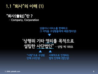 1.1 “회사”의 이해 (1)

 “회사(會社)”란 ?
     – Company, Corporation

                              상품이나 서비스를 판매하고
                              그 이익을 구성원들에게 배분(영리성)



                      ‘상행위 기타 영리를 목적으로
                       설립한 사단법인” – 상법 제 169조
                       “사원”으로 구성된   사회적으로 인정되는
                       단체 (사단성)     법적 인격체 (법인성)




© 2009, pletalk.com                                  8
 