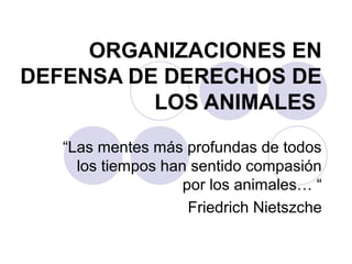ORGANIZACIONES EN
DEFENSA DE DERECHOS DE
          LOS ANIMALES

   “Las mentes más profundas de todos
     los tiempos han sentido compasión
                    por los animales… “
                     Friedrich Nietszche
 