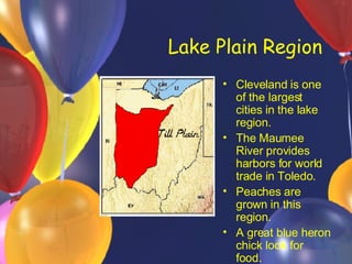 Lake Plain Region Cleveland is one of the largest cities in the lake region. The Maumee River provides harbors for world trade in Toledo. Peaches are grown in this region. A great blue heron chick look for food.
