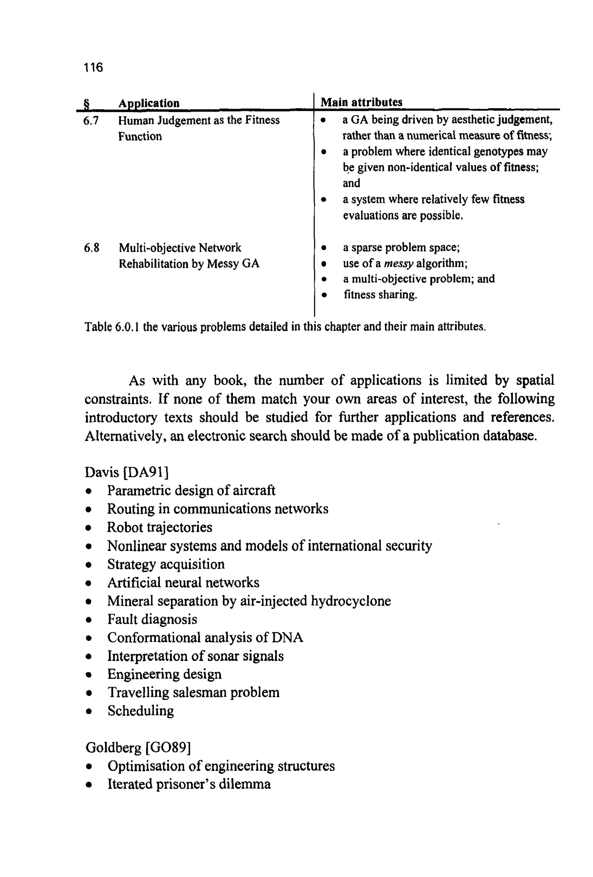 116
4 Application
6.7 Human Judgement as the Fitness
Function
Main attributes
a GA being driven by aestheticjudgement,
rather than a numerical measure of fitness,
a problem where identical genotypes may
be given non-identical values of fitness;
and
a system where relatively few fitness
evaluations are possible.
6.8 Multi-objective Network
Rehabilitation by Messy GA
a sparse problem space;
use of a messy algorithm;
a multi-objective problem; and
fitness sharing.
Table 6.0.1 the various problems detailed in this chapter and their main attributes.
As with any book, the number of applications is limited by spatial
constraints. If none of them match your own areas of interest, the following
introductory texts should be studied for further applications and references.
Alternatively,an electronicsearch should be made of a publication database.
Davis [DA91]
Parametric design of aircraft
Routing in communicationsnetworks
Robot trajectories
Nonlinear systemsand models of internationalsecurity
Strategy acquisition
Artificial neural networks
Mineral separationby air-injectedhydrocyclone
Fault diagnosis
Conformationalanalysis of DNA
Interpretationof sonar signals
Engineeringdesign
Travelling salesmanproblem
Scheduling
Goldberg [GO891
Optimisationof engineeringstructures
Iterated prisoner’s dilemma
 