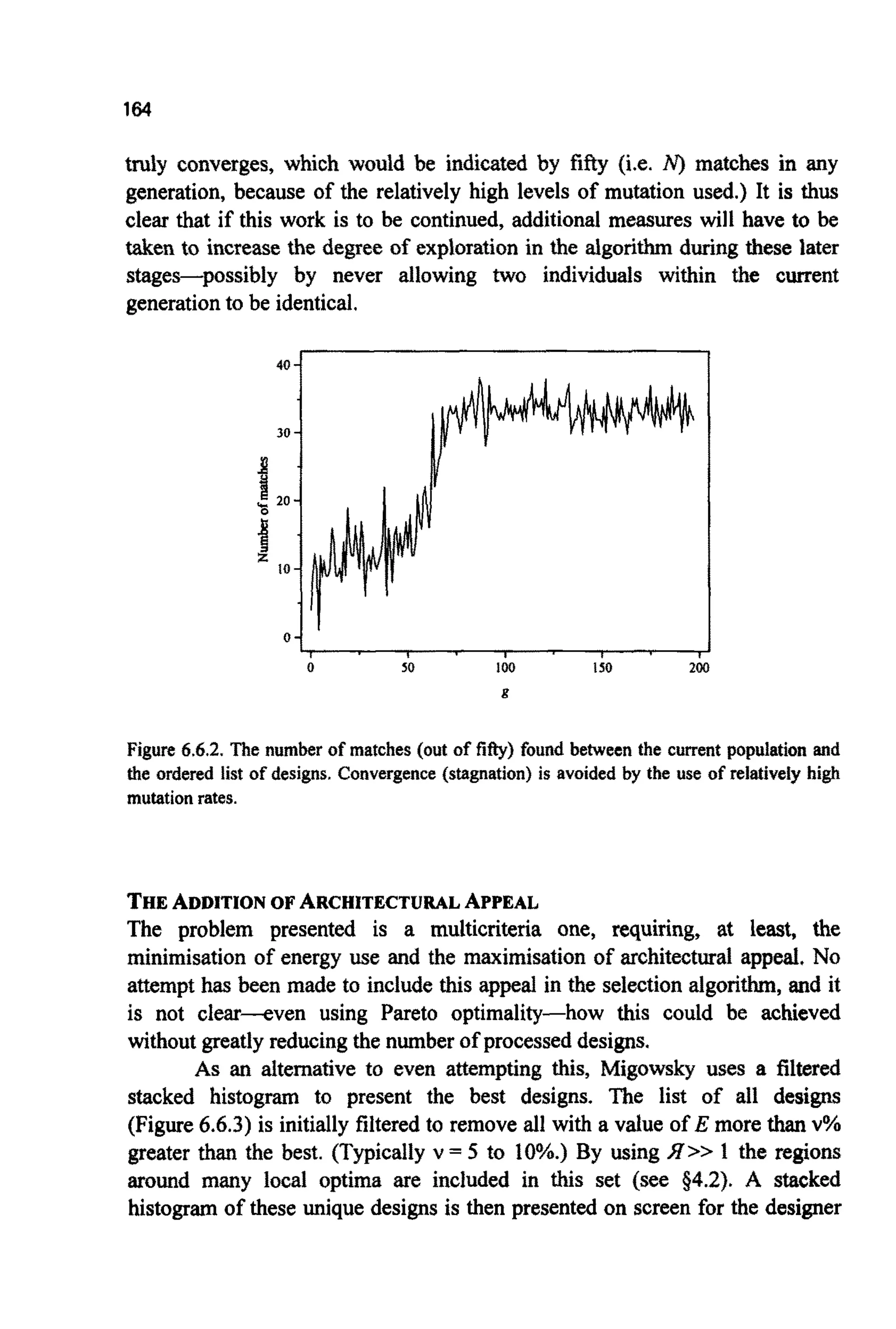 164
truly converges, which would be indicated by fifty (i.e. N) matches in any
generation, because of the relatively high levels of mutation used.) It is thus
clear that if this work is to be continued, additional measures will have to be
taken to increasethe degree of exploration in the go^^ during these later
stages-possibly by never allowing two individuals within the current
generationto be identical.
40 -I
t t f t
0 so 100 150 200
8
Figure 6.6.2.The number of matches (out of fifty) found between the current population and
the ordered list of designs. Convergence{s~gnation)is avoided by the use of relatively high
mutationrates.
THEADDITIONOF ARCHITECTURALAPPEAL
The problem presented is a multicriteria one, requiring, at least, the
mi~misationof energy use and the m~imisationof architectural appeal, No
attempt has been made to include this appeal in the selectionalgorithm,and it
is not clear-even using Pareto optimality-how this could be achieved
without greatly reducingthe numberof processeddesigns.
As an alternative to even a~emptingthis, ~igowskyuses a filtered
stacked histogram to present the best designs. The list of all designs
(Figure6.6.3) is initially filtered to remove all with a value of E more thanv%
greater than the best. (Typically v = 5 to lo%.)By using S>>1 the regions
around many local optima are included in this set (see $4.2). A stacked
histogram of these unique designs is then presented on Screen for the designer
 