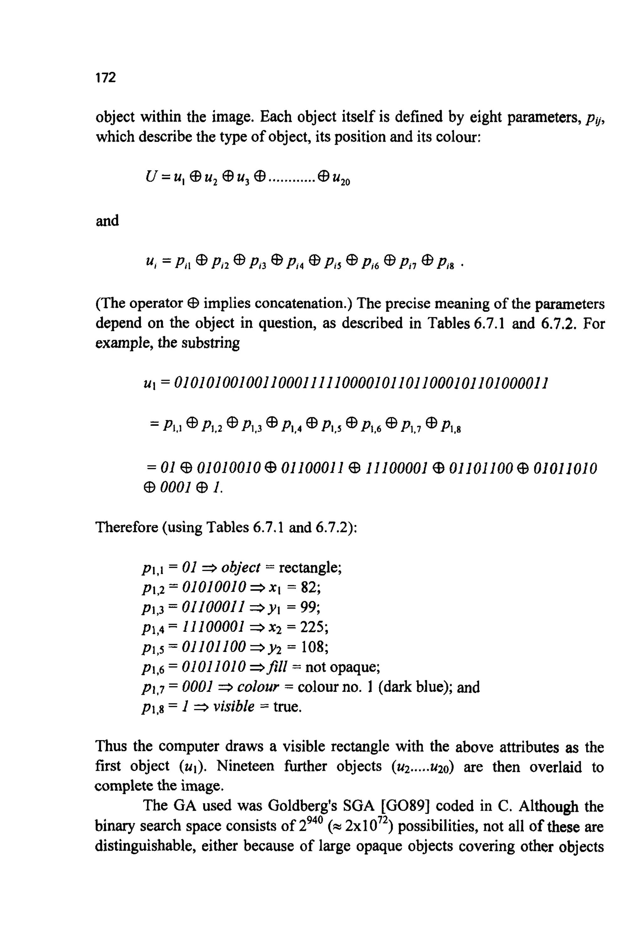 172
object within the image. Each object itself is defined by eight parameters, pii,
which describe the type of object, its position and its colour:
U=u,@u,$u,@ ............@ u20
and
(The operator @ implies concatenation.)The precise meaning of the parameters
depend on the object in question, as described in Tables 6.7.1 and 6.7.2. For
example, the substring
UI = OIOlOI001001I000111I10000101101I000101101000011
= 01 @ 01010010@ 01100011 @ 11100001@ 01101100@ 01011010
@ 0001 @ 1.
Therefore (using Tables 6.7.1 and 6.7.2):
Thus the computer draws a visible rectangle with the above attributes as the
first object (uI).Nineteen further objects (242.....2420) are then overlaid to
complete the image.
The GA used was Goldberg's SGA [GO891 coded in C. Although the
binary search space consists of 2940(=2 ~ 1 0 ' ~ )possibilities, not all of these are
distinguishable, either because of large opaque objects covering other objects
 
