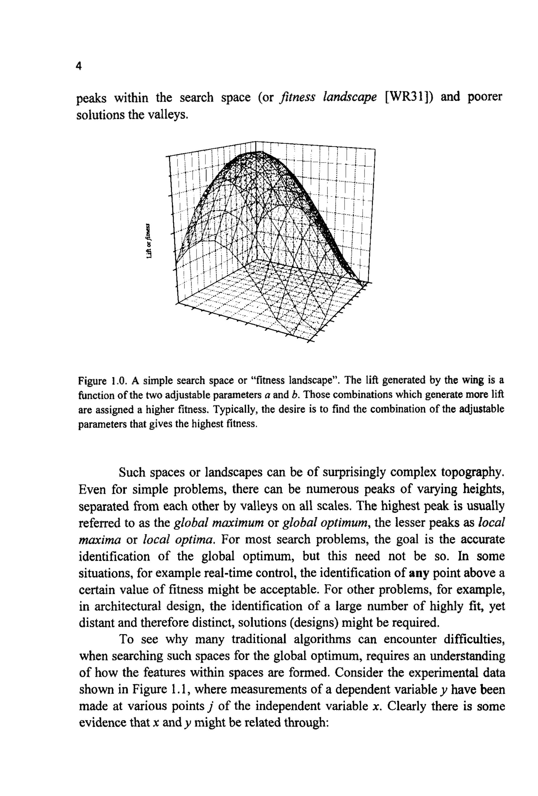 4
peaks within the search space (or fitness landscape [WR31])and poorer
solutions the valleys.
Figure 1.0. A simple search space or “fitness landscape”.The lift generated by the wing is a
functionof the two adjustableparametersa and b. Thosecombinationswhich generatemore lift
are assigned a higher fitness. Typically, the desire is to find the combinationof the adjustable
parameters that givesthe highest fitness.
Such spaces or landscapes can be of surprisingly complex topography.
Even for simple problems, there can be numerous peaks of varying heights,
separated from each other by valleys on all scales. The highest peak is usually
referred to as the global m ~ ~ m ~ ~or global ~p~imum,the lesser peaks as local
maxima or local optima. For most search problems, the goal is the accurate
identification of the global optimum, but this need not be so. In some
situations, for examplereal-time control, the identificationof any point above a
certain value of fitness might be acceptable. For other problems, for example,
in architectural design, the identification of a large number of highly fit, yet
distant and therefore distinct, solutions (designs)might be required.
To see why many traditional algorithms can encounter difficulties,
when searching such spaces for the global optimum, requires an understanding
of how the features within spaces are formed. Consider the experimental data
shown in Figure 1.1, where measurementsof a dependent variabley have been
made at various pointsj of the independent variable x. Clearly there is some
evidencethat x andy might be related through:
 