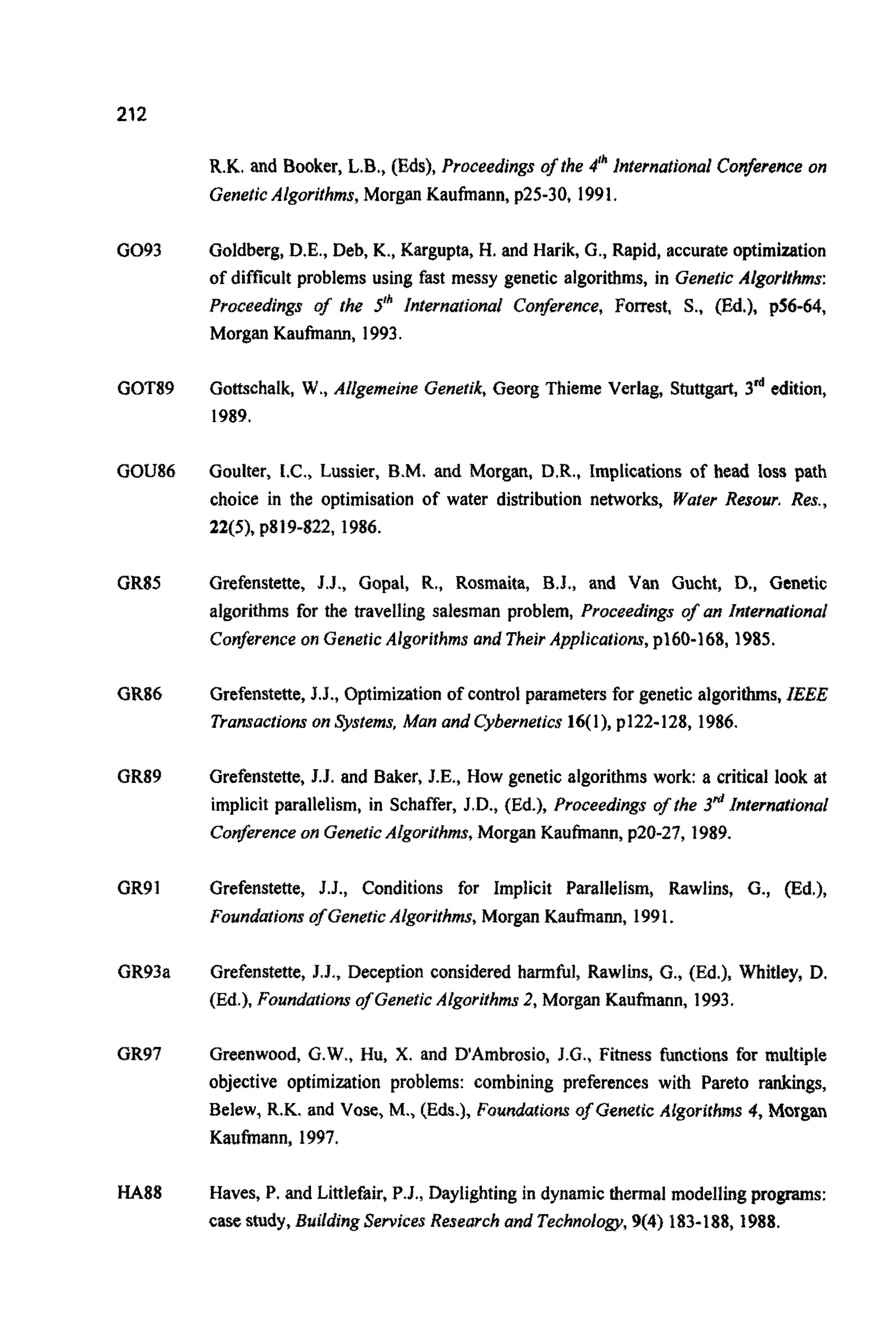 212
GO93
GOT89
GOU86
GR85
GR86
GR89
GR91
GR93a
GR97
HA88
R.K. and Booker, L.B., (Eds), Proceedings of the 4" International Conferenceon
GeneticAlgorithms,Morgan Kauhann, p25-30, 1991.
Goldberg,D.E., Deb, K., Kargupta, H. and Harik, G., Rapid, accurateoptimization
of difficult problems using fast messy genetic algorithms, in Genetic Algorithms:
Procee~ingsof the Sfh lnternaiiona~Conference, Forrest, S., (Ed.), p56-64,
Morgan Kaufinann, 1993.
Gottschalk, W., Allgemeine Genetik,Georg Thieme Verlag, Stuttgart, 3"' edition,
1989.
Goulter, I.C., Lussier, B.M.and Morgan, D.R., Implications of head loss path
choice in the optimisation of water distribution networks, Water Resour. Rex,
22(5), ~819-822,1986.
Grefenstette, J.J., Gopal, R., Rosmaita, B.J., and Van Gucht, D., Genetic
algorithms for the travelling salesman problem, Proceedings of an Infern~~iona~
Conferenceon GeneticAlgorithms and TheirApplications,p160-168, 1985.
Grefenstette,J.J., Optimizationof control parametersfor genetic algorithms,IEEE
Transactionson Systems,Man and Cybernetics 16(I), p122-128, 1986.
Grefenstette, J.J. and Baker, J.E., How genetic algorithmswork: a critical look at
implicit parallelism, in Schaffer, J.D., (Ed.), Proceedings ofthe 3" International
Conferenceon GeneticA~go~it~ms,Morgan Kaufina~,p20-27, 1989.
Grefenstette, J.J., Conditions for Implicit Parallelism, Rawlins, G., (Ed.),
Founda~ionsof GeneticAlgorithms,Morgan Kaufmann, 1991.
Grefenstette, J.J., Deception considered harmful, Rawlins, G., (Ed.), Whitley, D.
(Ed.), Foundations of GeneticAlgorithms2, Morgan Kaufmann, 1993.
Greenwood, G.W., Hu, X. and ~'Ambrosio,J.G.,Fitness ~ c t i o n ~for multiple
objective optimization problems: combining preferences with Pareto rankings,
Belew, R.K. and Vose, M., (Eds.), Foundationsof Genetic Algorithms 4, Morgan
Kauhann, 1997.
Haves, P. and Littlefair,P.J., Daylightingin dynamicthermal modellingprograms:
case study,~uildjngServices Researchand Technology,9(4) 183-188, f 988.
 
