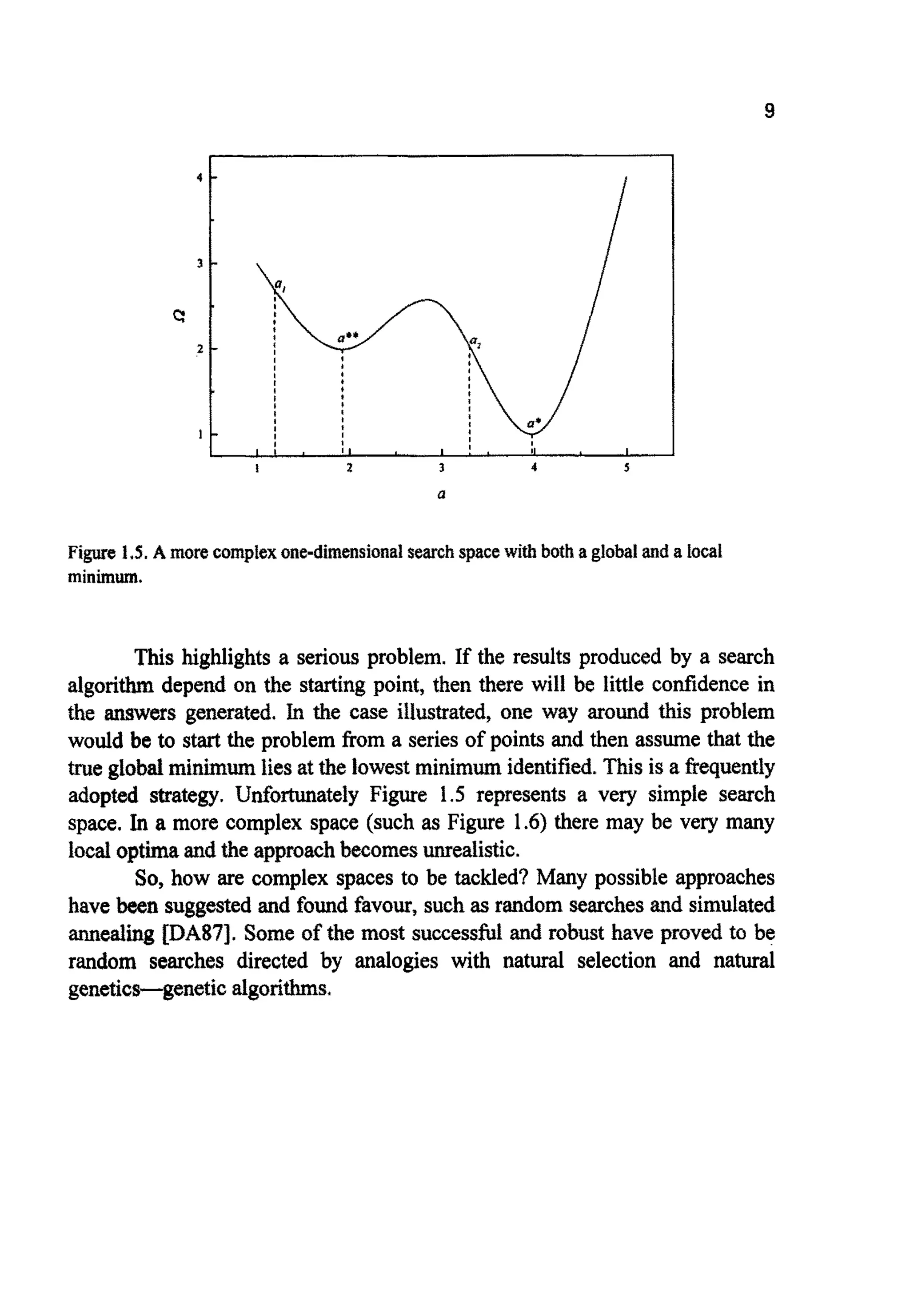 9
4
3
c
2
I
I 2 3 4 5
a
Figure 1.5. A morecomplexon~dimensiona1search spacewith both aglobalanda local
minimum.
This highlights a serious problem. If the results produced by a search
algorithm depend on the startingpoint, then there will be little confidence in
the answers generated. In the case illustrated, one way around this problem
would be to start the problem from a seriesof points and then assume that the
true global mi^^ lies at the lowest minimum identified.This is a frequently
adopted strategy. Unfortunately Figure 1.5 represents a very simple search
space. In a more complex space (such as Figure 1.6) there may be very many
local optimaandthe approachbecomeswealistic.
So, how are complex spaces to be tackled? Many possible approaches
have been suggestedand found favour, suchas random searchesand simulated
annealing [DA87]. Some of the most successful and robust have proved to be
random searches directed by analogies with natural selection and natural
genetics-genetic algorithms,
 