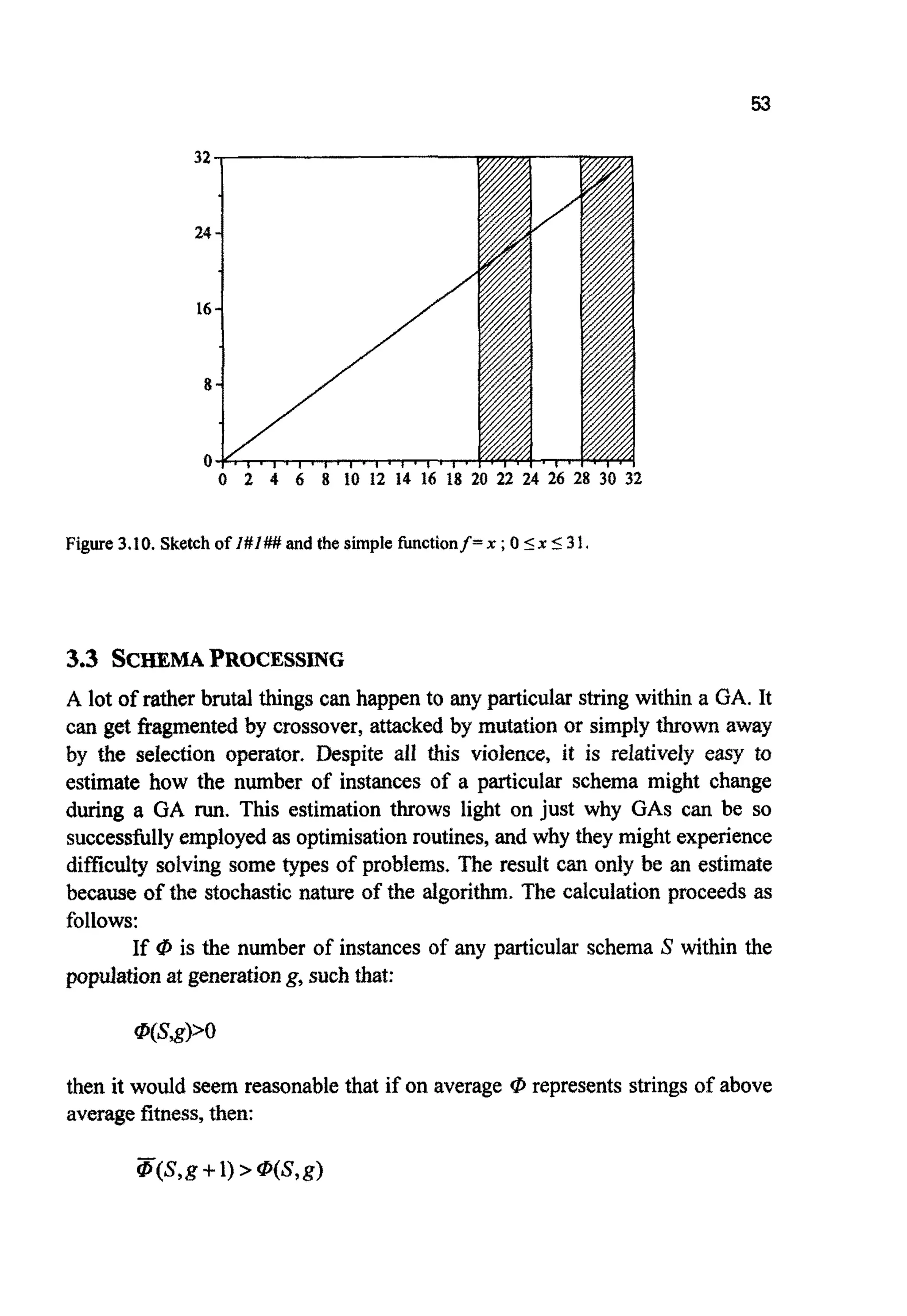 53
Figure 3.10. Sketchof l#l##and the simple fimctionf= x ;0 5x 5 3 1.
3.3 SCHEMAPROCESSING
A lot of rather brutal things can happen to any particular string within a GA. It
can get fragmentedby crossover,attacked by mutation or simply thrown away
by the selection operator. Despite all this violence, it is reIativeIy easy to
estimate how the number of instances of a particular schema might change
during a GA run. This estimation throws light on just why GAS can be so
successfullyemployedas optimisationroutines,and why they might experience
d i ~ c ~ ~solving some types of problems. The result can only be an estimate
because of the stochasticnature of the algorithm. The calculationproceeds as
follows:
If qZ is the number of instances of any particular schema S within the
populationat generationg,such that:
then it would seem reasonablethat if on average @ represents stringsof above
averagefitness,then:
 