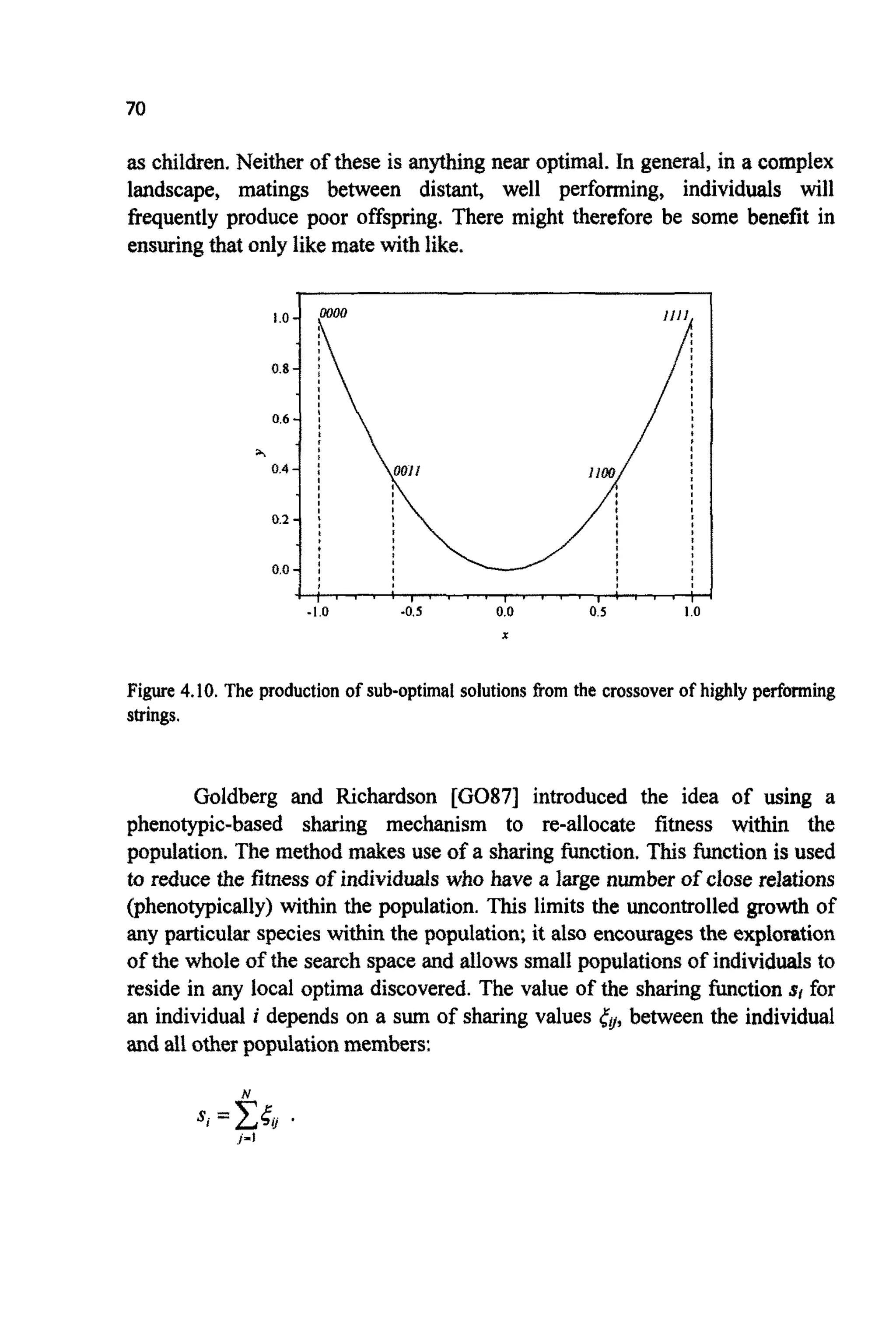 70
as children. Neither of these is anythingnear optimal. In general, in a complex
landscape, matings between distant, well performing, individuals will
frequently produce poor offspring. There might therefore be some benefit in
ensuringthat only like mate with like.
Figure 4.10.The production of sub-optimalsolutions from the crossover of highly performing
strings.
Goldberg and Richardson [GO871 introduced the idea of using a
phenotypic-based sharing mechanism to re-allocate fitness within the
population. The method makes use of a sharing function. This functionis used
to reduce the fitnessof individuals who have a large number of closerelations
(phenotypically)within the population. This limits the uncontrolled growth of
any particular species within the population; it also encouragesthe exploration
of the whole of the search spaceand allows small ~pulationsof i ~ d i v i d ~ sto
reside in any local optima discovered. The value of the sharing function sIfox
an individual i depends on a sum of sharing values tg,between the individual
and allotherpopulationmembers:
 